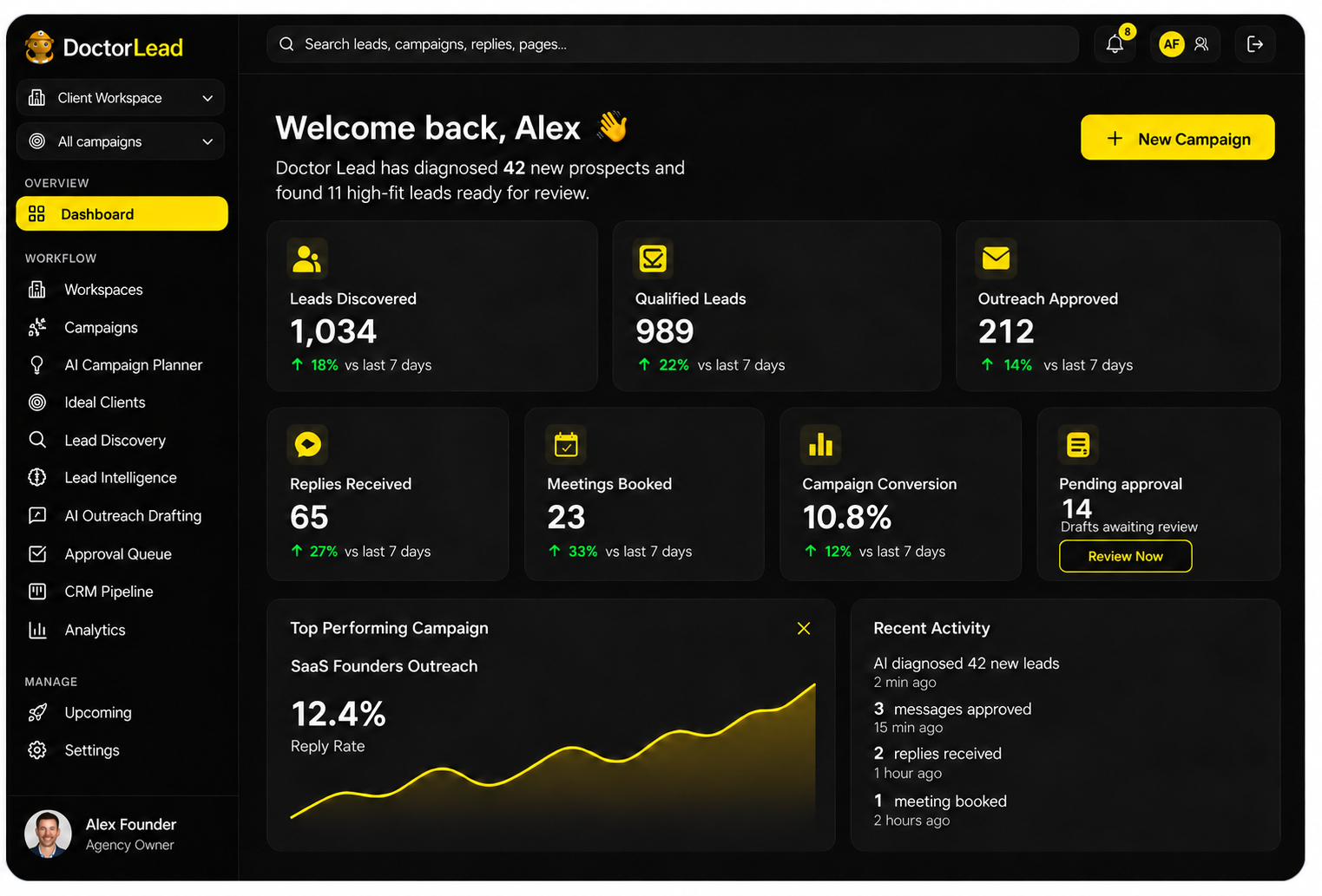Illustrative Doctor Lead Client Workspace dashboard showing lead and campaign overview